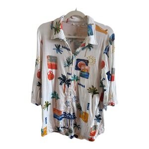 Label Of Love Linen Blend Button Down Shirt/Swim Coverup Medium Vacation Print